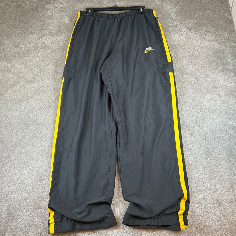 VTG Nike Track Pants Mens Large Grey Yellow Cargo Mesh Lined Windbreaker Joggers